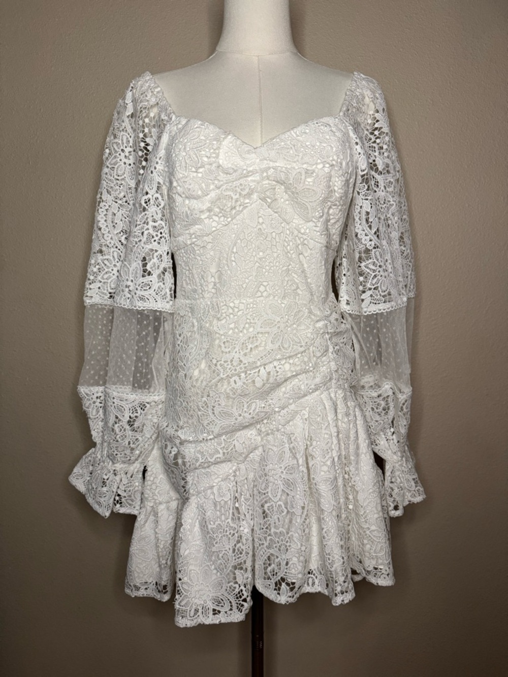 Jaus White Lace Mini Dress with Puff Sleeves - Picture 6 of 10